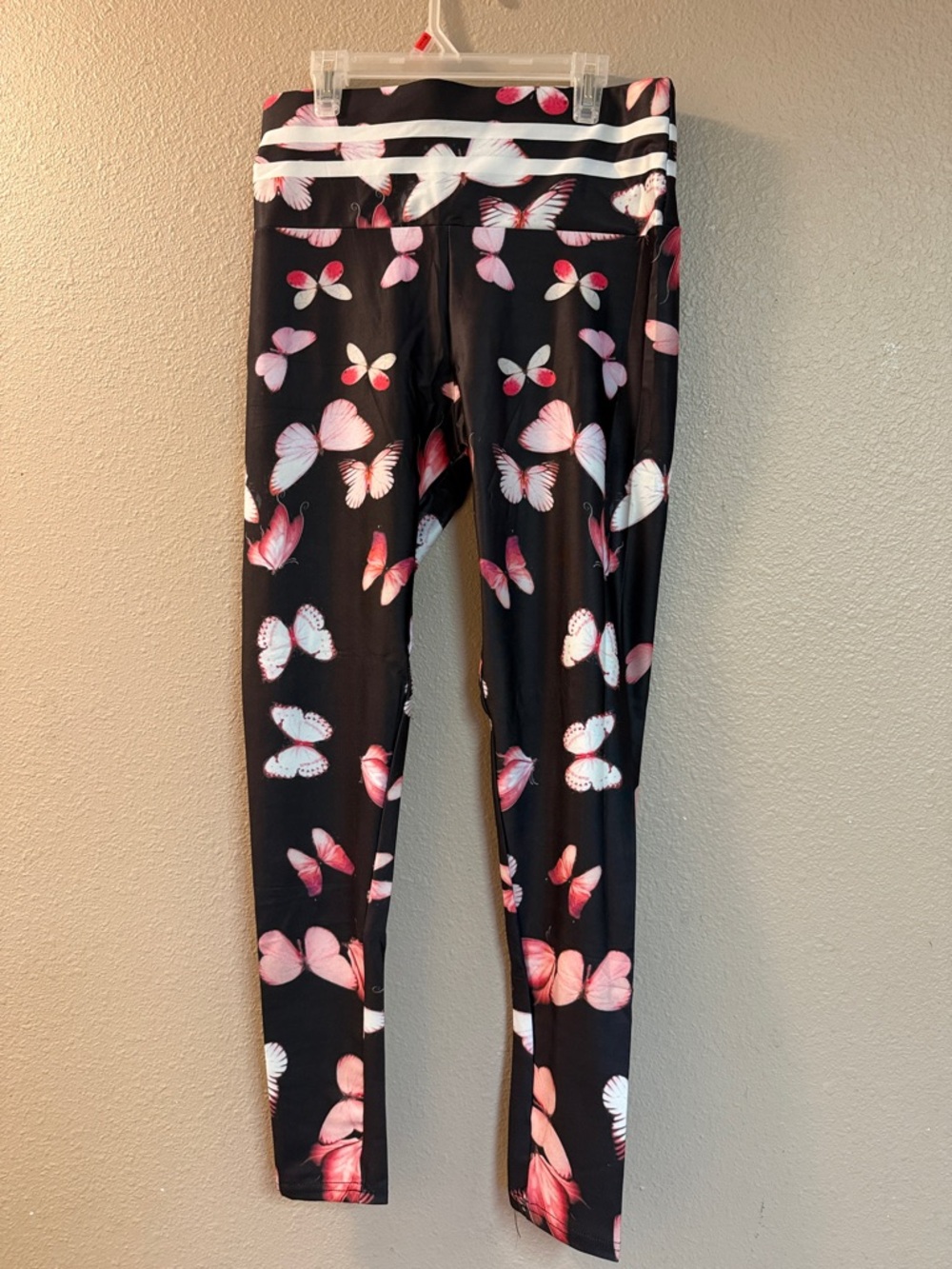 Butterfly Print Black Leggings - Pink Accent
